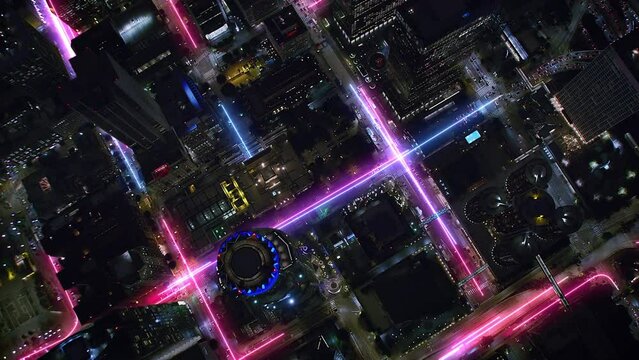 
Overhead Close up Aerial View of Smart City With  Connected Speed Neon Line Lights. Line Trail Flashing In Streets And Avenues. Downtown Los Angeles.