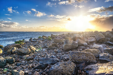 Rocks on the beach, Wadden island landscape Ameland Holland