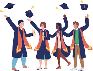 Happy graduation ceremony semi flat color raster characters. Standing figures. Full body people on white. Festive celebration simple cartoon style illustration for web graphic design and animation