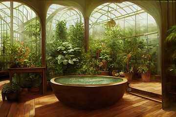 Obrazy na Plexi  Victorian Hotel and Spa and wellnes centre in botanical garden interior illustration design