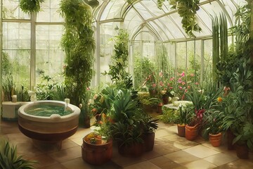 Futuristic style Victorian Spa and wellnes centre in botanical garden interior illustration design - obrazy, fototapety, plakaty