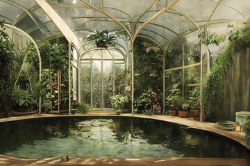 Victorian Spa and wellnes centre in sci-fi botanical garden interior illustration design - obrazy, fototapety, plakaty
