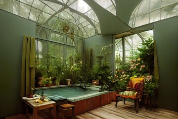 Victorian Spa and wellnes centre in futuristic botanical garden interior illustration design