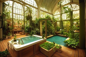 Fototapeta Victorian Spa and wellnes centre in steampunk style botanical garden interior illustration design obraz