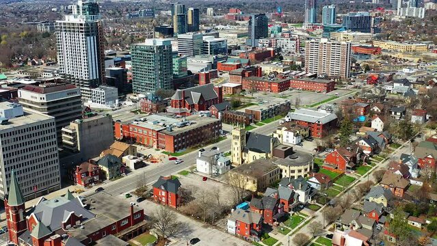Aerial pan of Kitchener, Ontario, Canada on fine spring day 4K