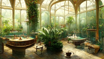 Victorian Spa and wellnes centre in steampunk botanical garden interior illustration design - obrazy, fototapety, plakaty