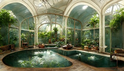 Victorian Spa and wellnes centre in spacey botanical garden interior illustration design - obrazy, fototapety, plakaty