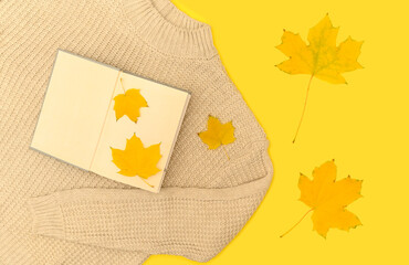 On a white jumper lies a white book and yellow autumn leaves.