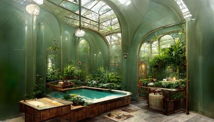 Victorian Spa and wellnes centre in botanical garden steampunk interior illustration design - obrazy, fototapety, plakaty