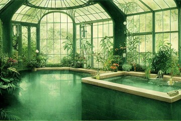 Victorian Spa and wellnes centre for relax and leisure in botanical garden interior illustration design - obrazy, fototapety, plakaty
