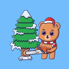 Cute bear cutting pine tree with chainsaw