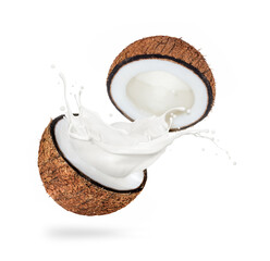 Two halves of a coconut with milk splashes isolated on a white background