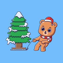 Cute bear pulling a sled with pine tree