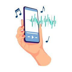 Hands holding, touching mobile phones displays, using apps online. Music player, business telephone internet apps. Flat vector illustration. Digital communication