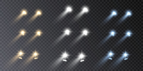 Set of vector light from headlights isolated on a transparent background in white yellow and blue. © Valeriia