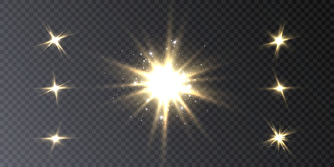 Set of light effects. A flash of warm light, a star on a transparent background. Sun, summer. light sunlight. Vector