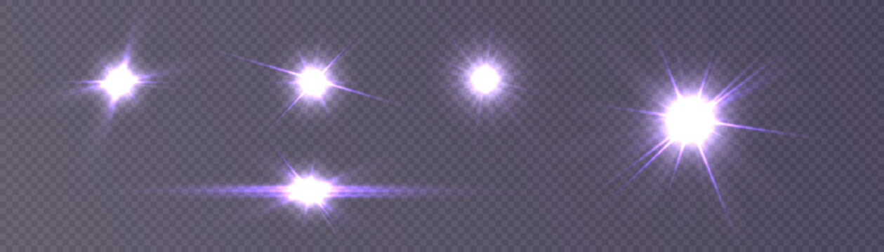 Set Of Light Purple Stars. Flash Of Sunlight. Purple Shimmer. Concert Lighting For Design Decoration.