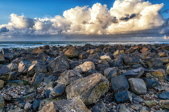 Rocks on the beach, Wadden island landscape Ameland Holland
