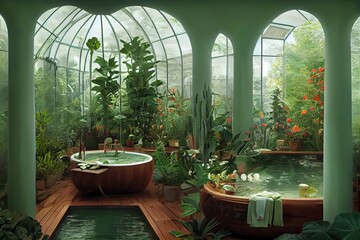 Obrazy na Plexi  Victorian Spa and wellnes centre in botanical garden relaxation place interior illustration design