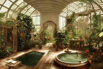 Victorian Spa for relax and wellnes centre in botanical garden interior illustration design - obrazy, fototapety, plakaty