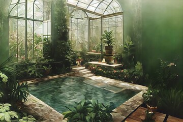 Victorian Spa and wellnes centre in botanical garden interior relaxation illustration design - obrazy, fototapety, plakaty