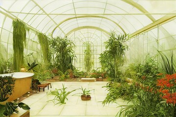 Victorian Spa and wellnes centre with lights in botanical garden interior illustration design - obrazy, fototapety, plakaty