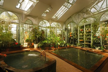 Victorian Spa and wellnes centre with wooden pools in botanical garden interior illustration design - obrazy, fototapety, plakaty
