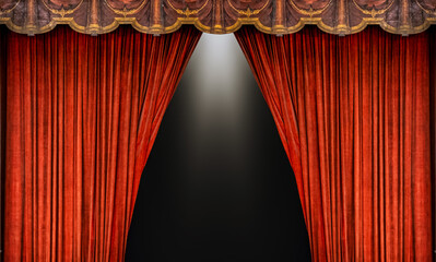 Empty scene with a red curtain and spotlights -Theatre Stage - Concert, Show, Performance - Background