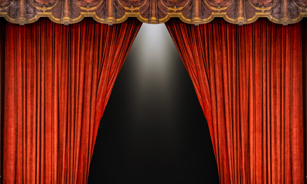 Empty scene with a red curtain and spotlights -Theatre Stage - Concert, Show, Performance - Background