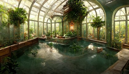 Victorian Spa and wellnes centre in botanical garden dome interior illustration design - obrazy, fototapety, plakaty