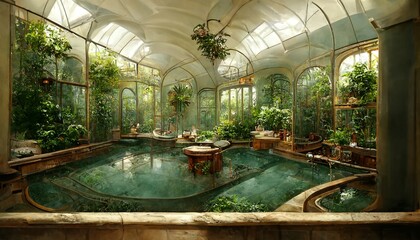 Victorian Spa and wellnes centre thermal pool in botanical garden interior illustration design - obrazy, fototapety, plakaty