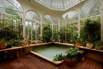 Victorian Spa and wellnes centre swimming pool in botanical garden interior illustration design - obrazy, fototapety, plakaty