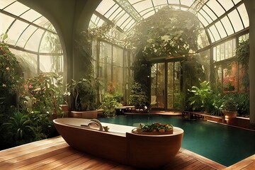 Victorian Spa and wellnes centre in botanical garden with plants interior illustration design - obrazy, fototapety, plakaty