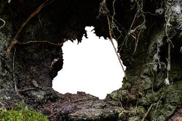Hole in dark mud, white background with clipping path