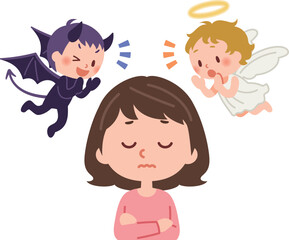 天使と悪魔に囁かれて考え込む女性
