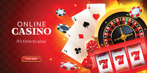 Web banner for online casino with button, roulette wheel, slot machine, playing cards, casino chips and dices