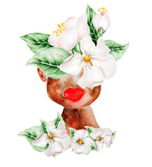 African American woman abstract face with lips and white flowers watercolor. Template for decorating designs and illustrations.