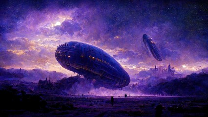 Alien space ship on another planet, violet and blue tones, space travel