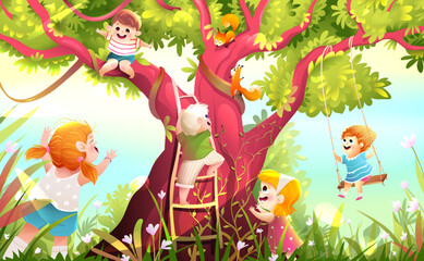 Children playing in a park, climbing a big tree swinging on swing. Colorful fun childhood summer scenery, happy kids playing on big tree cartoon. Artistic vector wallpaper illustration. - obrazy, fototapety, plakaty