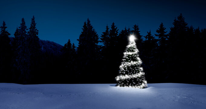 Leuchtender Weihnachtsbaum in einem verschneiten Winterwald