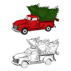 Chrismas truck. Color and black and white. Vector cartoon illustration. Isolated on white. Hand-drawn style.