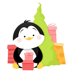 Cute penguin sits near the Christmas tree with gifts