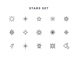 Stars line icons set. Shiny sparks silhouettes. Glitter light star and sparkle elements. Vector