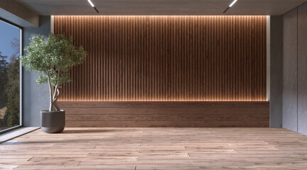 Empty room interior with slated wood wall panels, 3d rendering  - obrazy, fototapety, plakaty