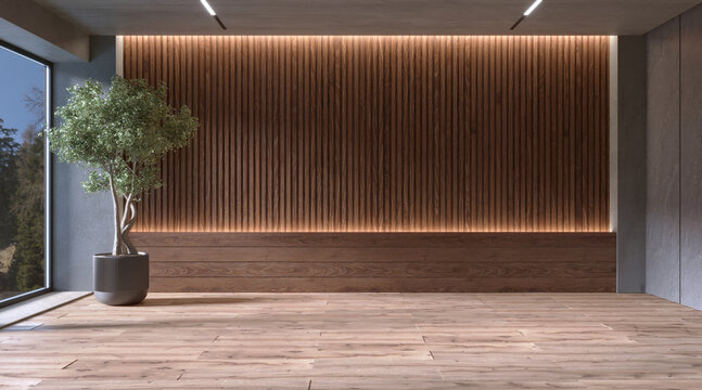 Empty room interior with slated wood wall panels, 3d rendering 