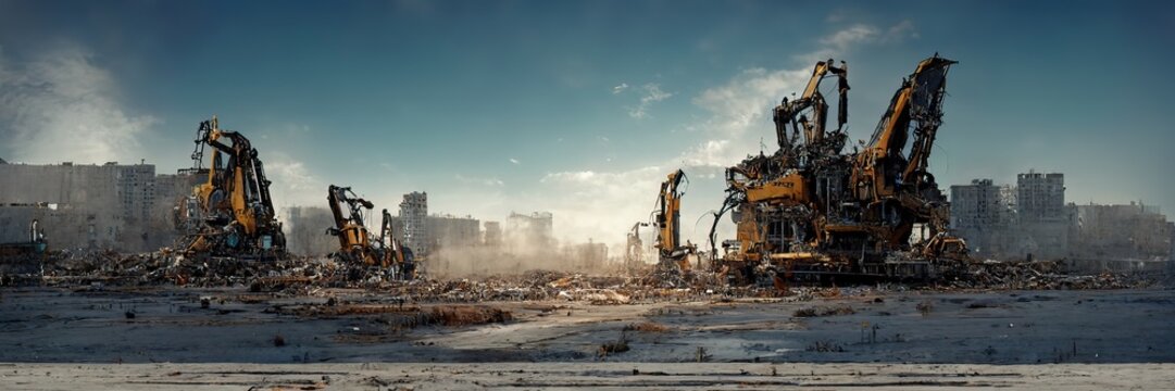 excavators working in post-apocalypse world. construction site. ruined city.