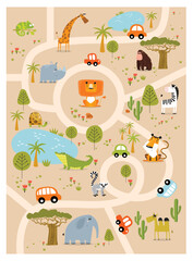 Print. Play mat for kids with safari animals. Vector tropical maze with animals in safari park. Cartoon tropical animals. African animals. Road in a safari park. Game for children. Children's play mat - 544153148