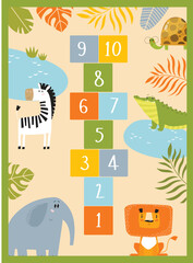 Print. Play mat for children with tropical animals and numbers. Cute cartoon animals. African animals. Game for children. Active play. Crocodile, lion, zebra, elephant, turtle.