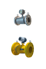 two modern industrial digital gas meter high precision isolated on white background