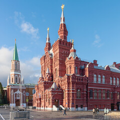 State Historical Museum and towers of the Moscow Kremlin in Moscow, Russia. Architecture and sights...